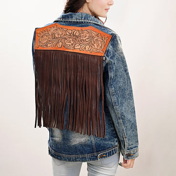 ADJKT005 Genuine leather Hand tooled hand carved Women 100% cotton Denim jacket dress ladies girl